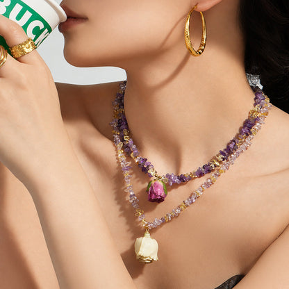316L Stainless Steel 18K Gold PVD Dried Flower Resin Crystal Necklace - Dried Flower, Crystal, Modern Wholesale Stainless Steel Jewelry - Sensitive Skin Friendly - Detail 3
