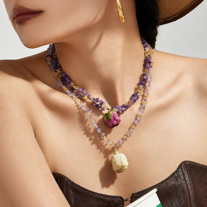 316L Stainless Steel 18K Gold PVD Dried Flower Resin Crystal Necklace - Dried Flower, Crystal, Modern Wholesale Stainless Steel Jewelry - Sensitive Skin Friendly - Detail 6