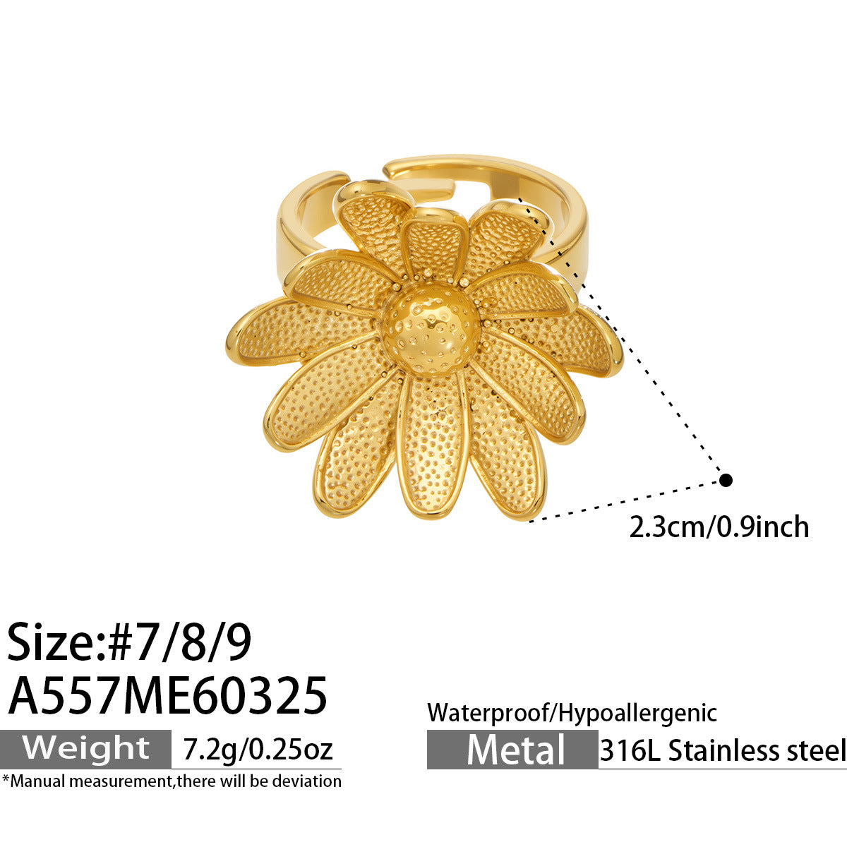 316L Stainless Steel 18K Gold PVD Elegant Floral Open Ring - Elegant Floral Ring, Open Ring, Rose Daisy Sunflower, Gold Ring Wholesale Stainless Steel Jewelry - Sensitive Skin Friendly - Detail 1