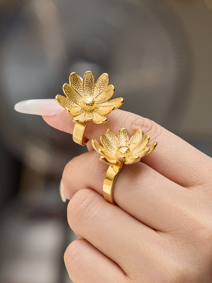 316L Stainless Steel 18K Gold PVD Elegant Floral Open Ring - Elegant Floral Ring, Open Ring, Rose Daisy Sunflower, Gold Ring Wholesale Stainless Steel Jewelry - Sensitive Skin Friendly - Detail 11