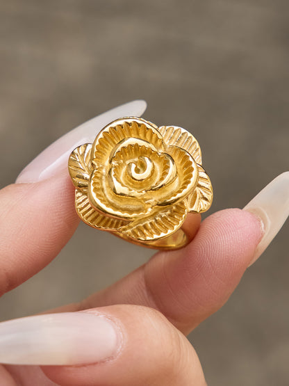 316L Stainless Steel 18K Gold PVD Elegant Floral Open Ring - Elegant Floral Ring, Open Ring, Rose Daisy Sunflower, Gold Ring Wholesale Stainless Steel Jewelry - Sensitive Skin Friendly - Detail 12