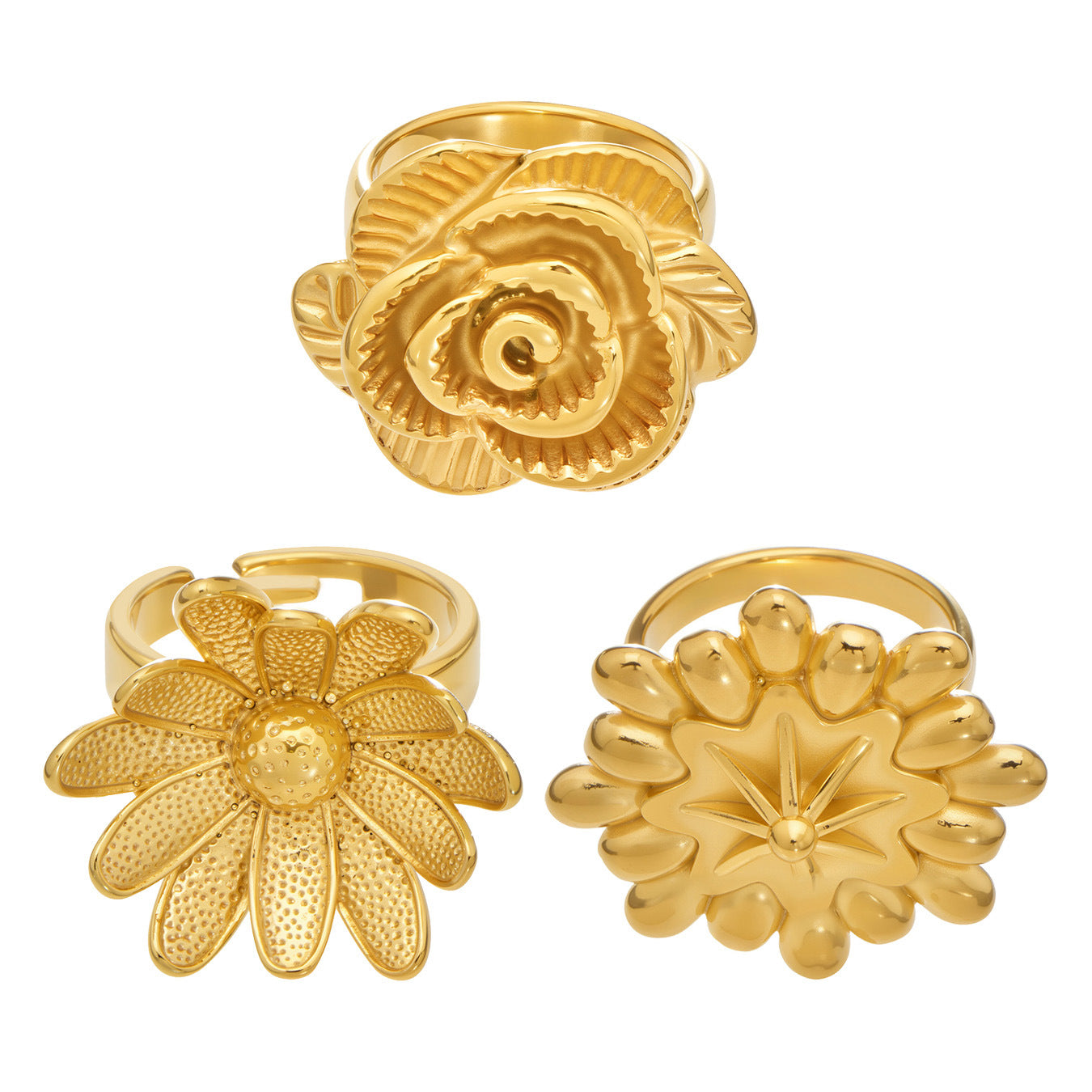 316L Stainless Steel 18K Gold PVD Elegant Floral Open Ring - Elegant Floral Ring, Open Ring, Rose Daisy Sunflower, Gold Ring Wholesale Stainless Steel Jewelry - Sensitive Skin Friendly - Detail 17