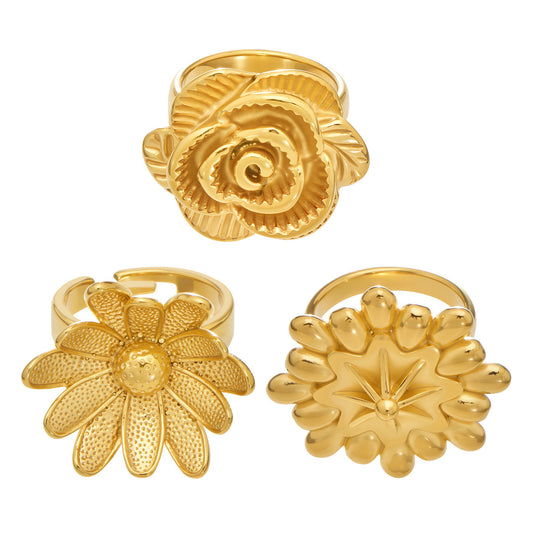 316L Stainless Steel 18K Gold PVD Elegant Floral Open Ring - Elegant Floral Ring, Open Ring, Rose Daisy Sunflower, Gold Ring Wholesale Stainless Steel Jewelry - Sensitive Skin Friendly - Detail 17