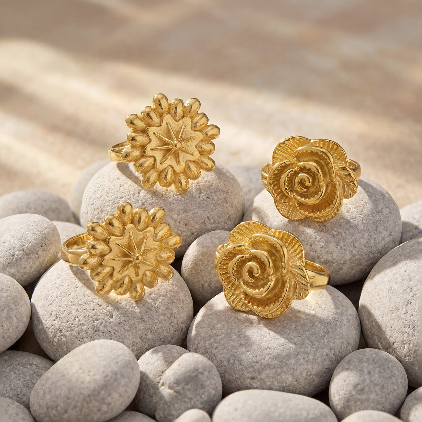 316L Stainless Steel 18K Gold PVD Elegant Floral Open Ring - Elegant Floral Ring, Open Ring, Rose Daisy Sunflower, Gold Ring Wholesale Stainless Steel Jewelry - Sensitive Skin Friendly - Detail 18