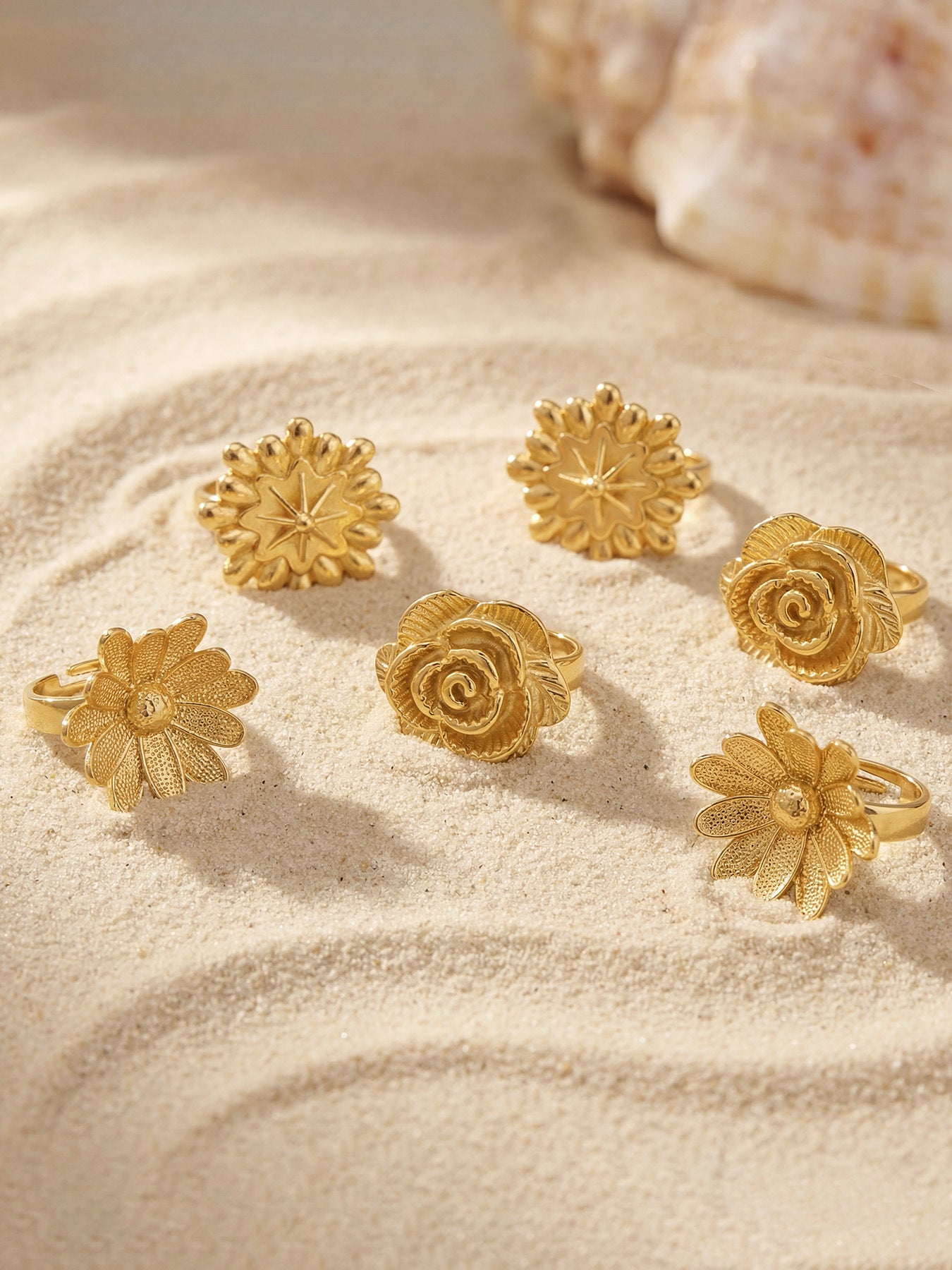 316L Stainless Steel 18K Gold PVD Elegant Floral Open Ring - Elegant Floral Ring, Open Ring, Rose Daisy Sunflower, Gold Ring Wholesale Stainless Steel Jewelry - Sensitive Skin Friendly - Detail 2