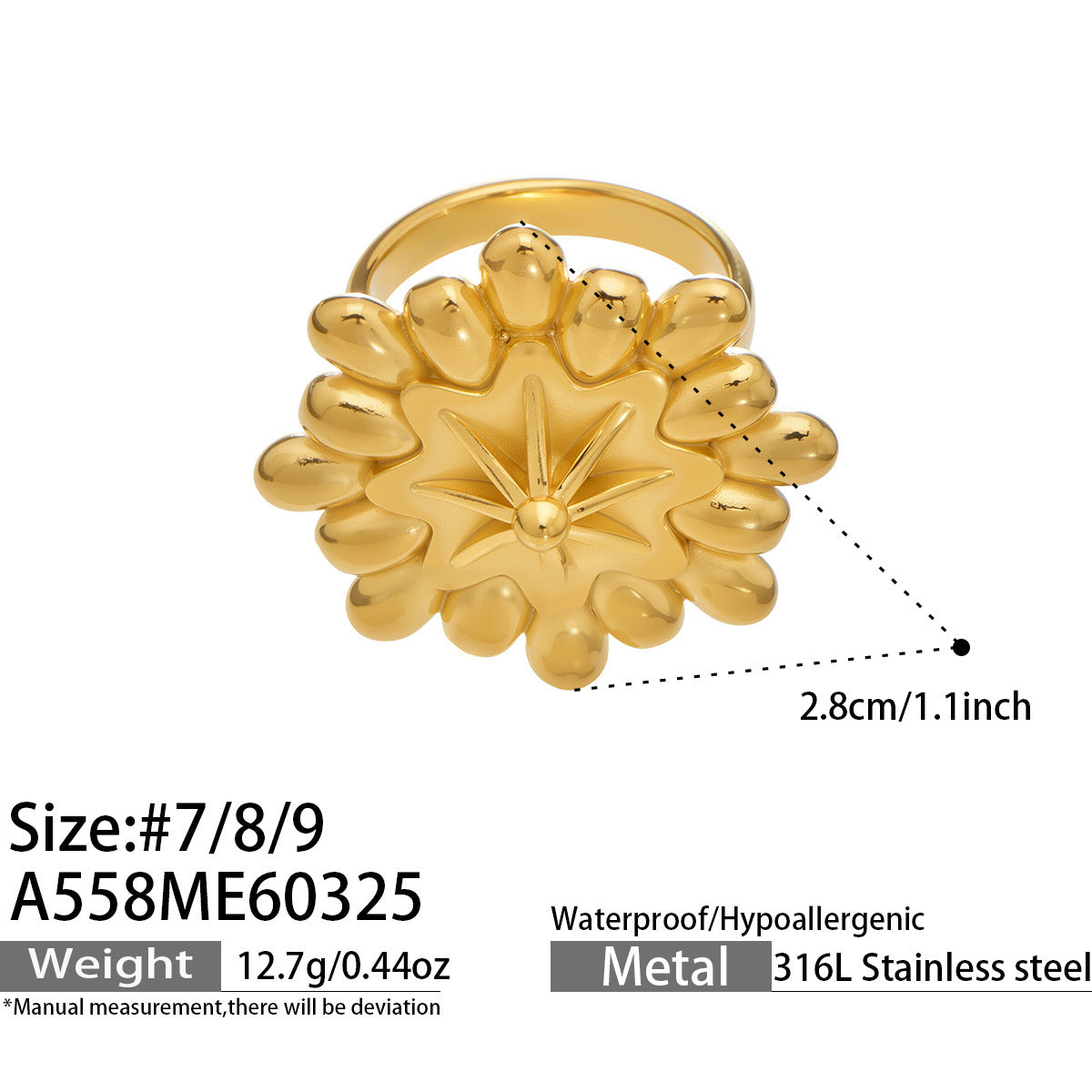 316L Stainless Steel 18K Gold PVD Elegant Floral Open Ring - Elegant Floral Ring, Open Ring, Rose Daisy Sunflower, Gold Ring Wholesale Stainless Steel Jewelry - Sensitive Skin Friendly - Detail 3