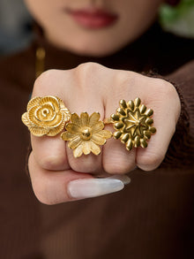 316L Stainless Steel 18K Gold PVD Elegant Floral Open Ring - Elegant Floral Ring, Open Ring, Rose Daisy Sunflower, Gold Ring Wholesale Stainless Steel Jewelry - Sensitive Skin Friendly - Detail 4