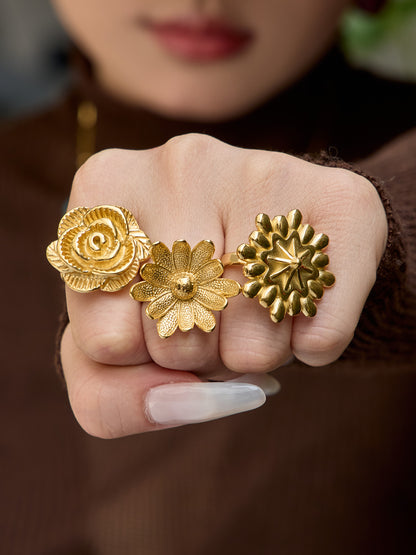 316L Stainless Steel 18K Gold PVD Elegant Floral Open Ring - Elegant Floral Ring, Open Ring, Rose Daisy Sunflower, Gold Ring Wholesale Stainless Steel Jewelry - Sensitive Skin Friendly - Detail 4