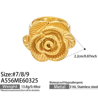 316L Stainless Steel 18K Gold PVD Elegant Floral Open Ring - Elegant Floral Ring, Open Ring, Rose Daisy Sunflower, Gold Ring Wholesale Stainless Steel Jewelry - Sensitive Skin Friendly - Detail 6