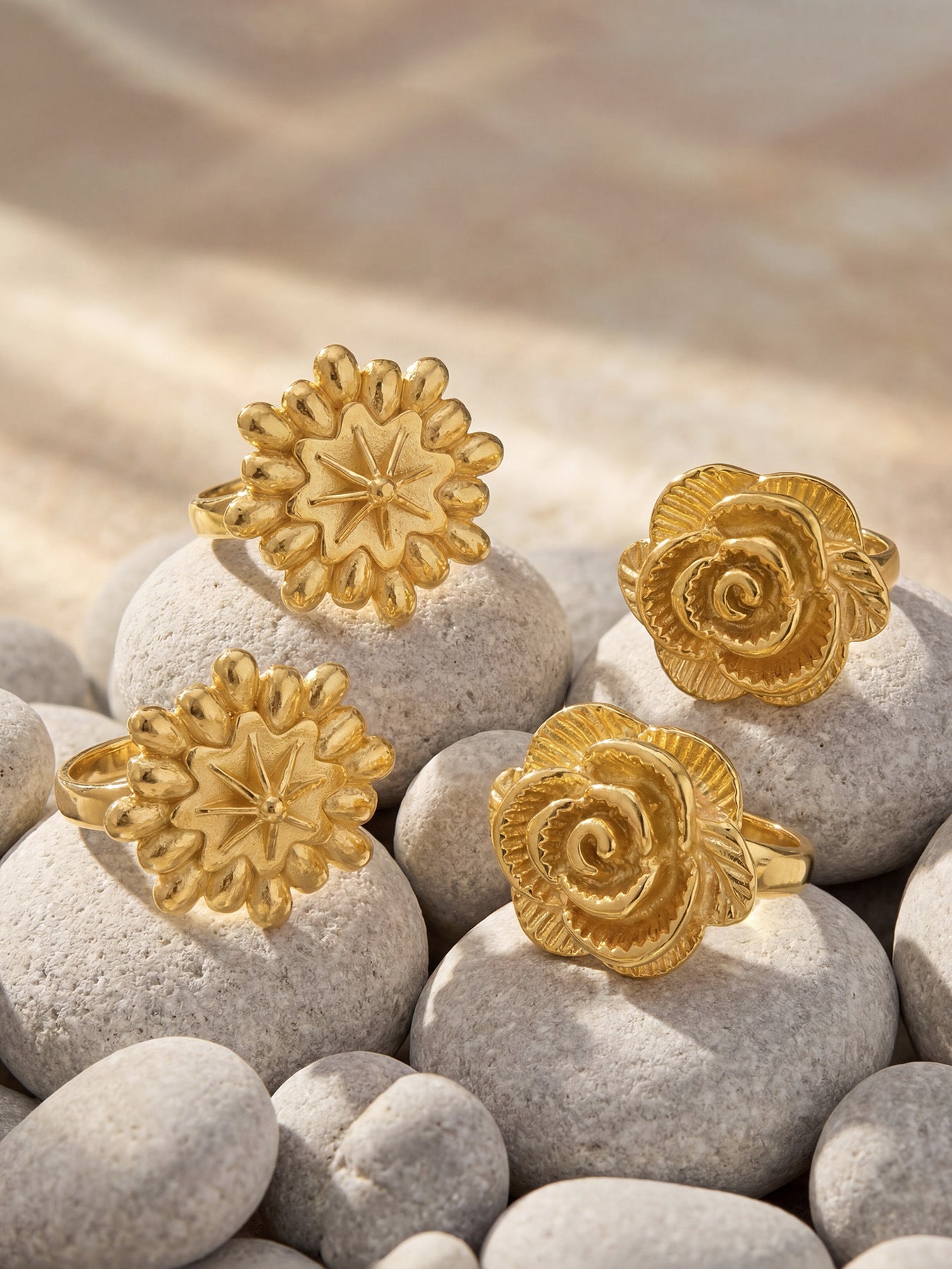 316L Stainless Steel 18K Gold PVD Elegant Floral Open Ring - Elegant Floral Ring, Open Ring, Rose Daisy Sunflower, Gold Ring Wholesale Stainless Steel Jewelry - Sensitive Skin Friendly - Detail 9