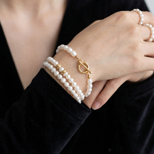 316L Stainless Steel 18K Gold PVD Elegant Freshwater Pearl Necklace and Bracelet Set - Elegant Freshwater Pearls Gold Finish Wholesale Stainless Steel Jewelry - Sensitive Skin Friendly - Detail 1