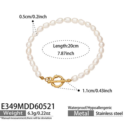 316L Stainless Steel 18K Gold PVD Elegant Freshwater Pearl Necklace and Bracelet Set - Elegant Freshwater Pearls Gold Finish Wholesale Stainless Steel Jewelry - Sensitive Skin Friendly - Detail 2