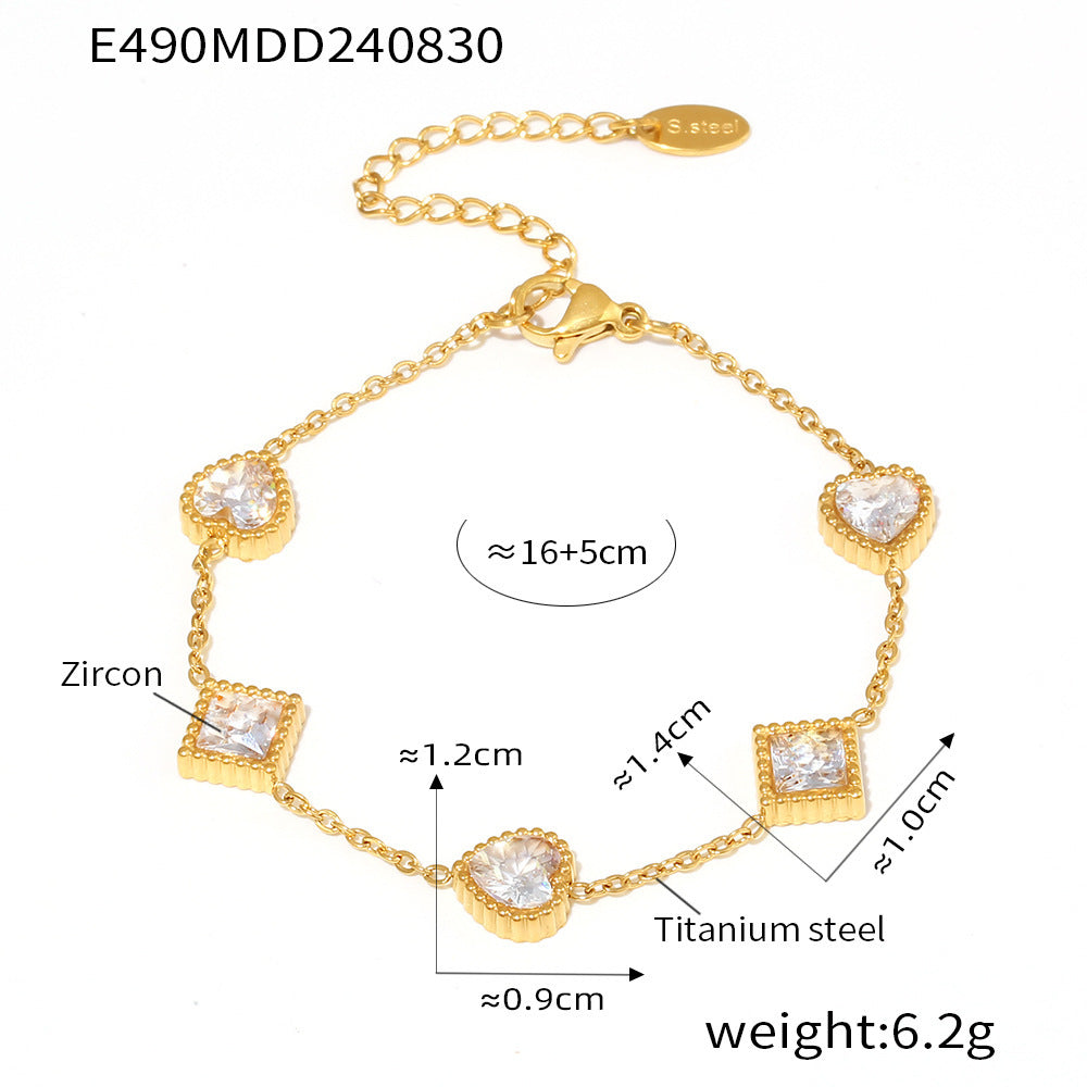 316L Stainless Steel 18K Gold PVD Elegant Heart Square Zircon Bracelet - Gold Heart, Square Zircon, Elegant, Modern Wholesale Stainless Steel Jewelry - Sensitive Skin Friendly - Detail 3