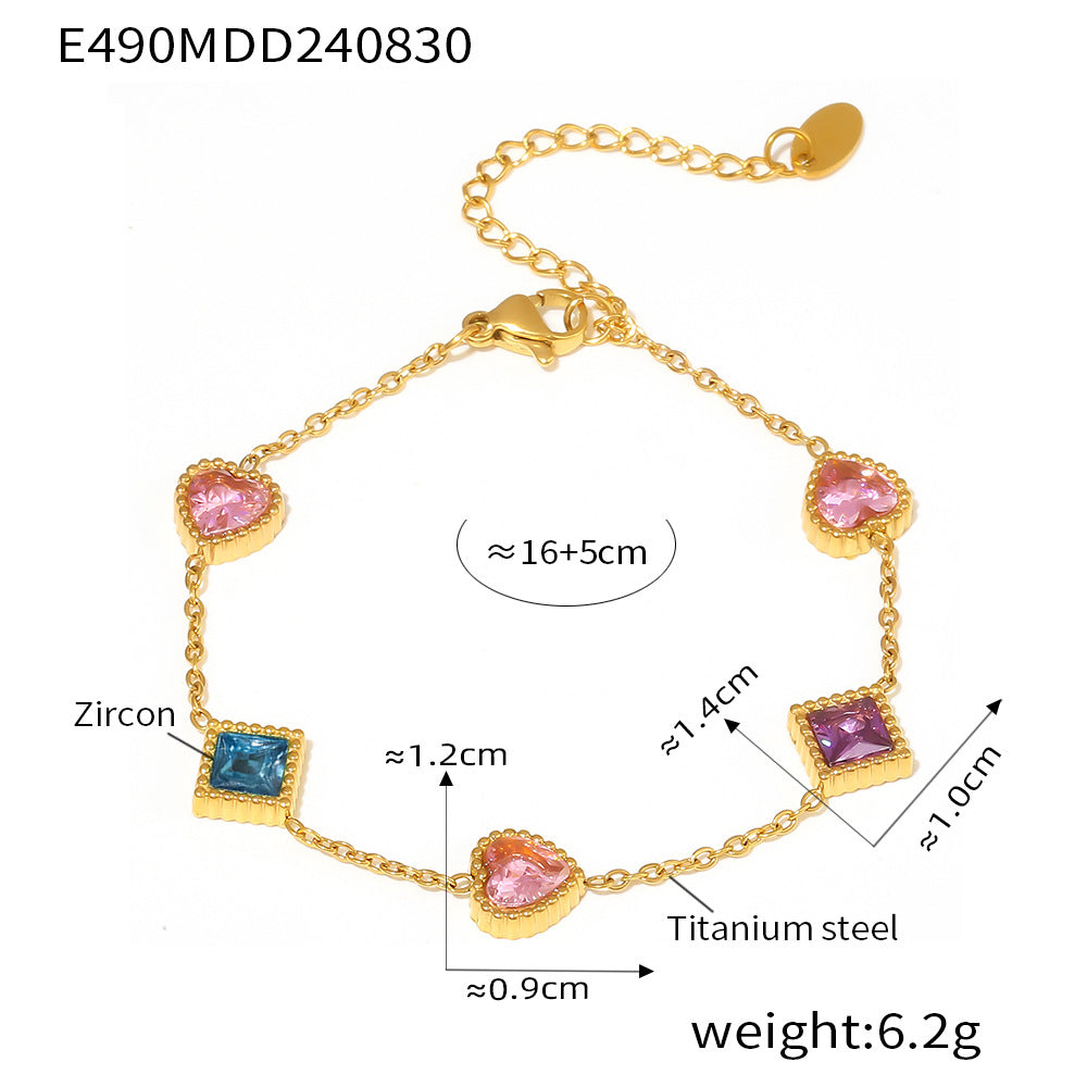 316L Stainless Steel 18K Gold PVD Elegant Heart Square Zircon Bracelet - Gold Heart, Square Zircon, Elegant, Modern Wholesale Stainless Steel Jewelry - Sensitive Skin Friendly - Detail 6