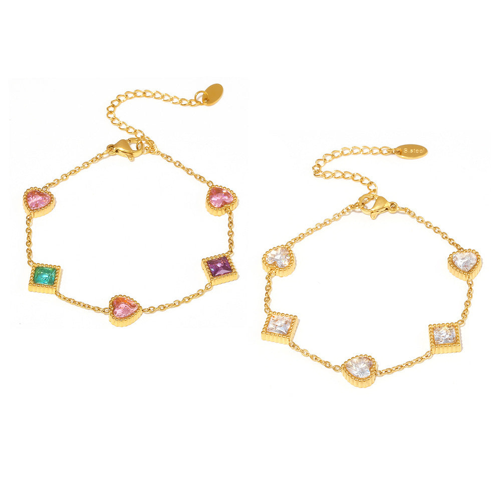 316L Stainless Steel 18K Gold PVD Elegant Heart Square Zircon Bracelet - Gold Heart, Square Zircon, Elegant, Modern Wholesale Stainless Steel Jewelry - Sensitive Skin Friendly - Detail 7