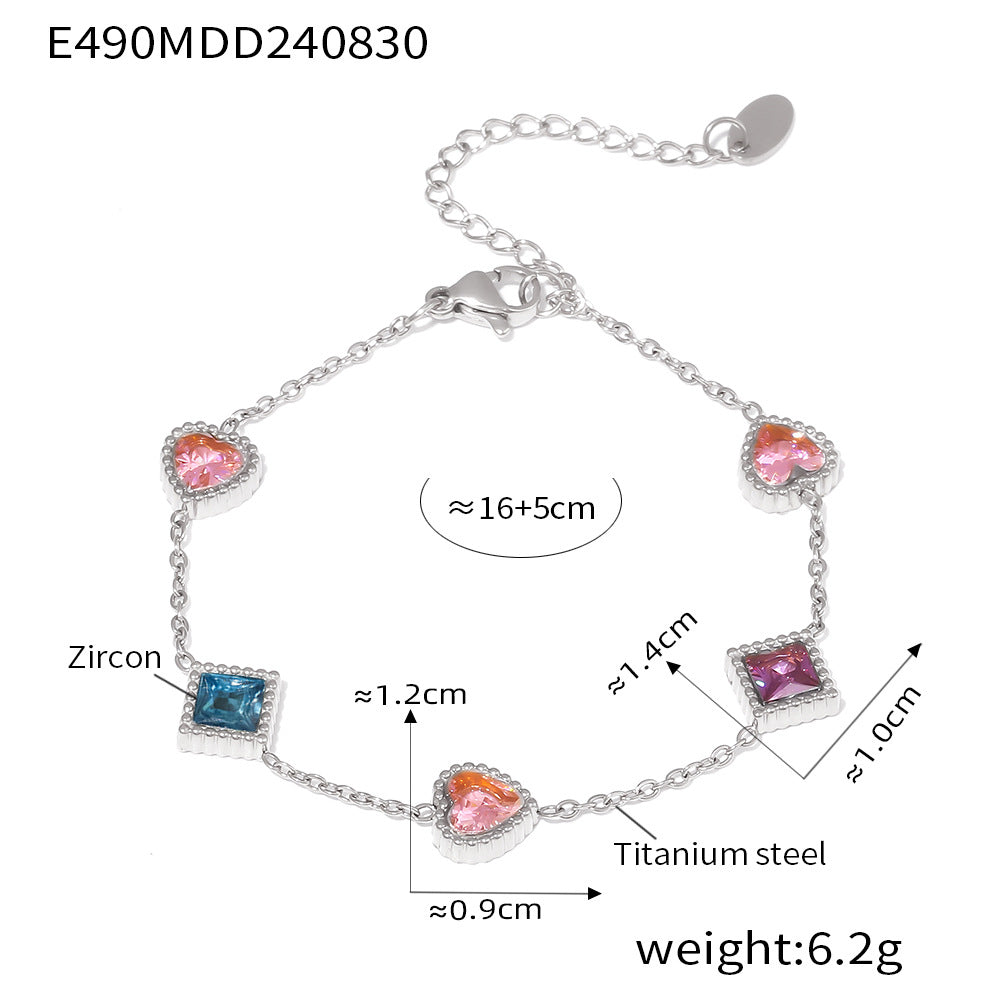 316L Stainless Steel 18K Gold PVD Elegant Heart Square Zircon Bracelet - Gold Heart, Square Zircon, Elegant, Modern Wholesale Stainless Steel Jewelry - Sensitive Skin Friendly - Detail 8