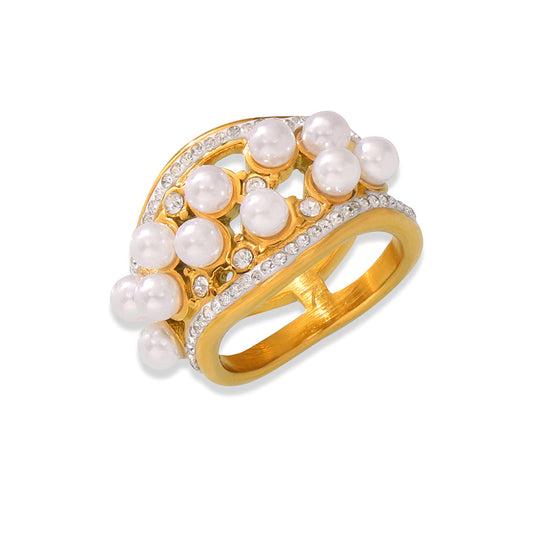 316L Stainless Steel 18K Gold PVD Elegant Pearl Accent Ring - Elegant Pearl Accent Gold Band Minimalist Wholesale Stainless Steel Jewelry - Sensitive Skin Friendly - Detail 1