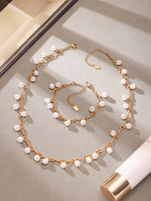 316L Stainless Steel 18K Gold PVD Elegant Shell Pearl Tassel Necklace & Bracelet Set - Shell Pearl, Tassel, Elegant, Heart, Round Wholesale Stainless Steel Jewelry - Sensitive Skin Friendly - Detail 11