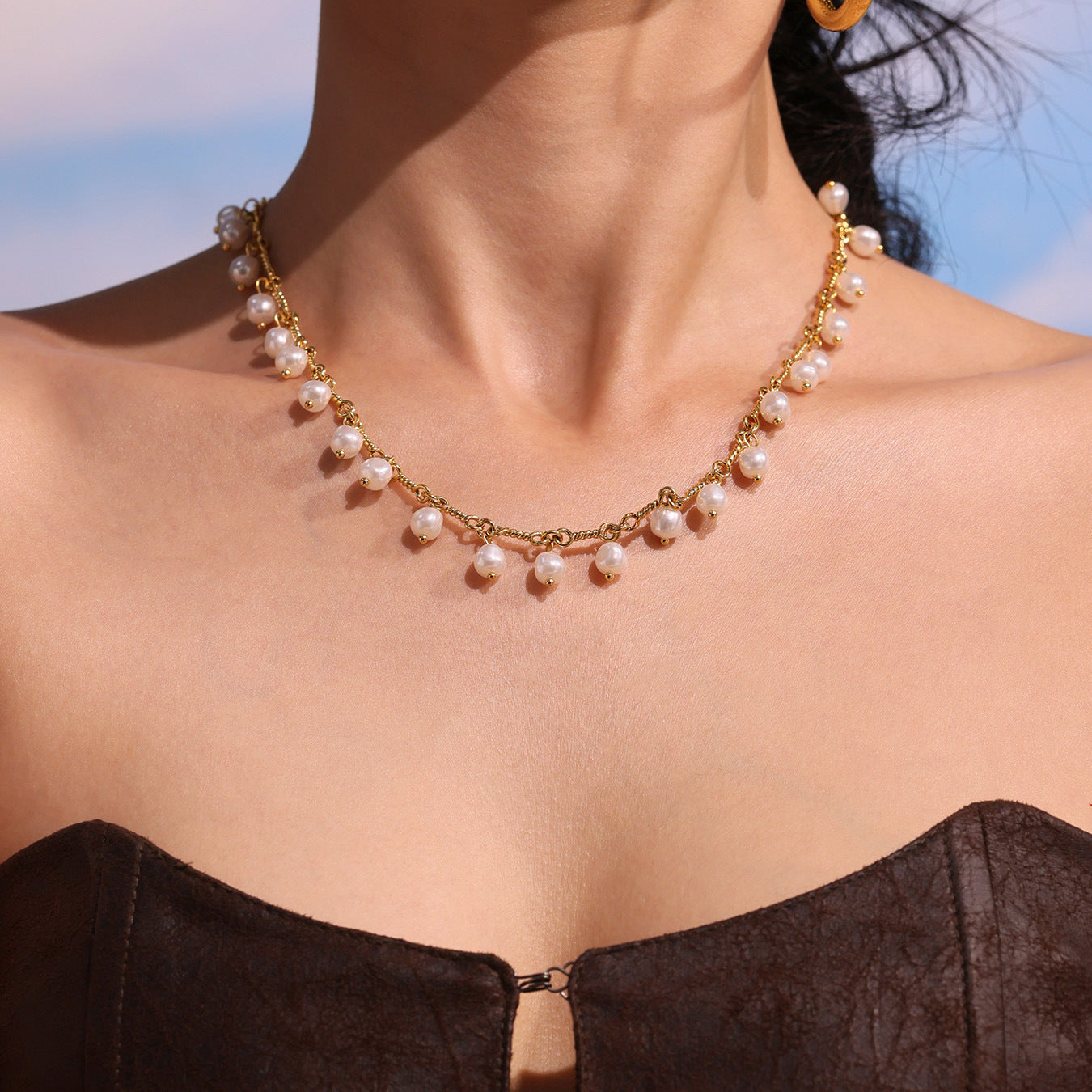 316L Stainless Steel 18K Gold PVD Elegant Shell Pearl Tassel Necklace & Bracelet Set - Shell Pearl, Tassel, Elegant, Heart, Round Wholesale Stainless Steel Jewelry - Sensitive Skin Friendly - Detail 12