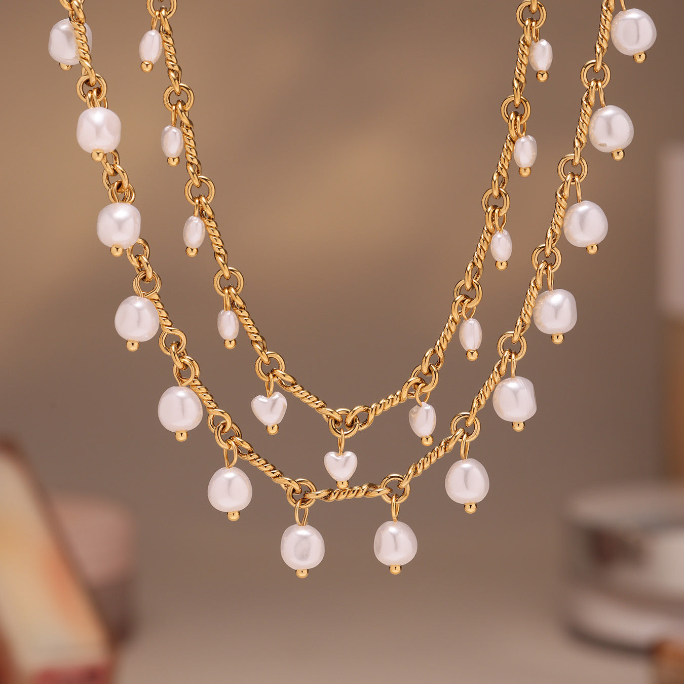 316L Stainless Steel 18K Gold PVD Elegant Shell Pearl Tassel Necklace & Bracelet Set - Shell Pearl, Tassel, Elegant, Heart, Round Wholesale Stainless Steel Jewelry - Sensitive Skin Friendly - Detail 13