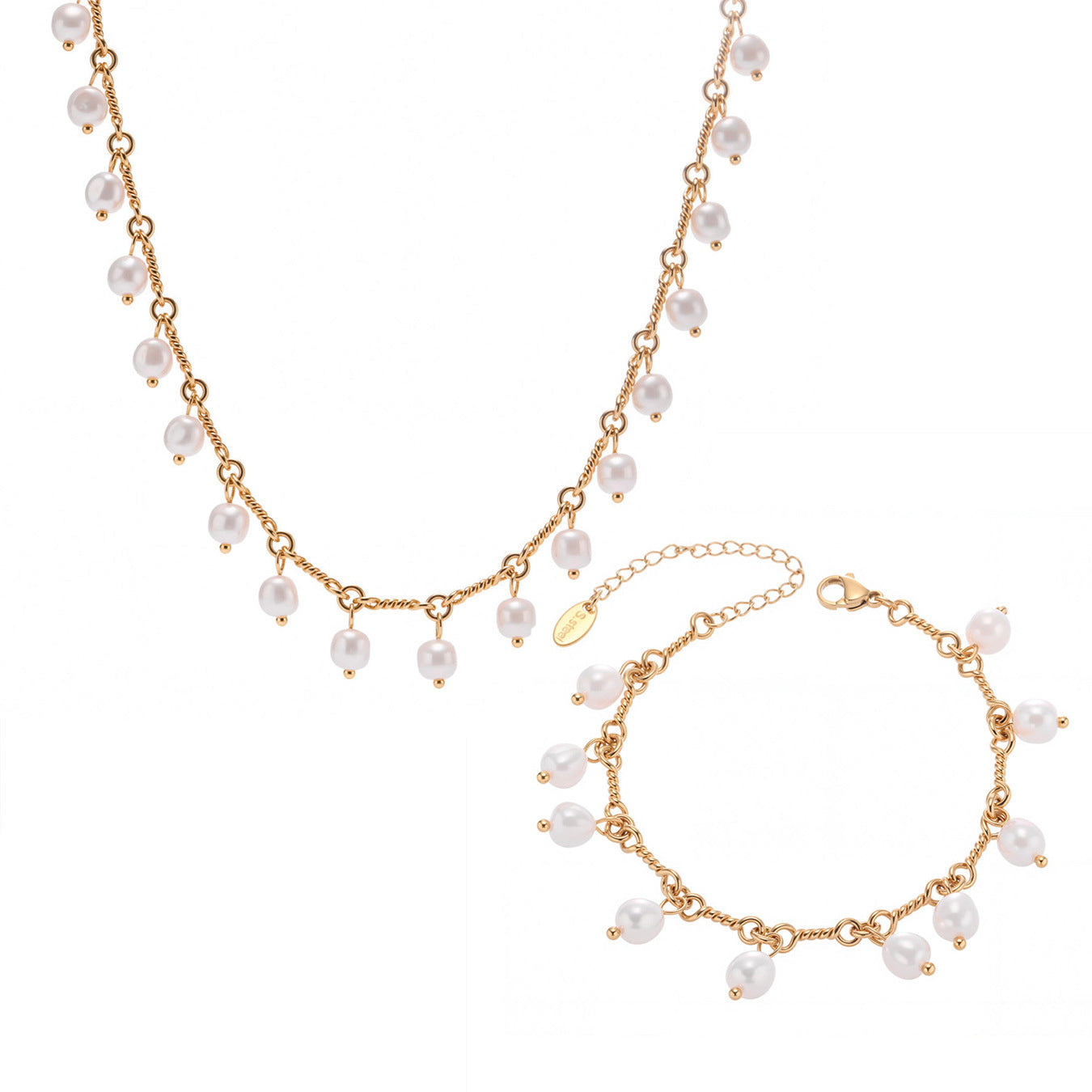 316L Stainless Steel 18K Gold PVD Elegant Shell Pearl Tassel Necklace & Bracelet Set - Shell Pearl, Tassel, Elegant, Heart, Round Wholesale Stainless Steel Jewelry - Sensitive Skin Friendly - Detail 14