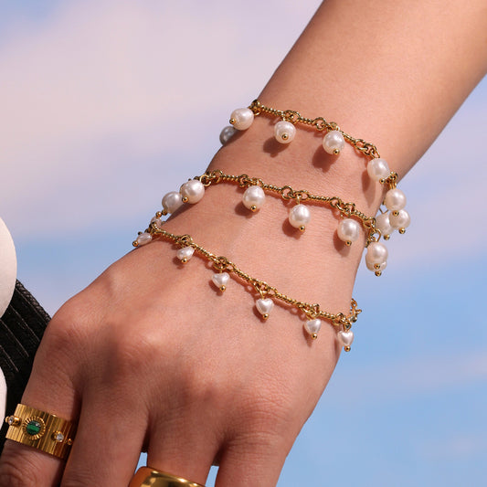 316L Stainless Steel 18K Gold PVD Elegant Shell Pearl Tassel Necklace & Bracelet Set - Shell Pearl, Tassel, Elegant, Heart, Round Wholesale Stainless Steel Jewelry - Sensitive Skin Friendly - Detail 2