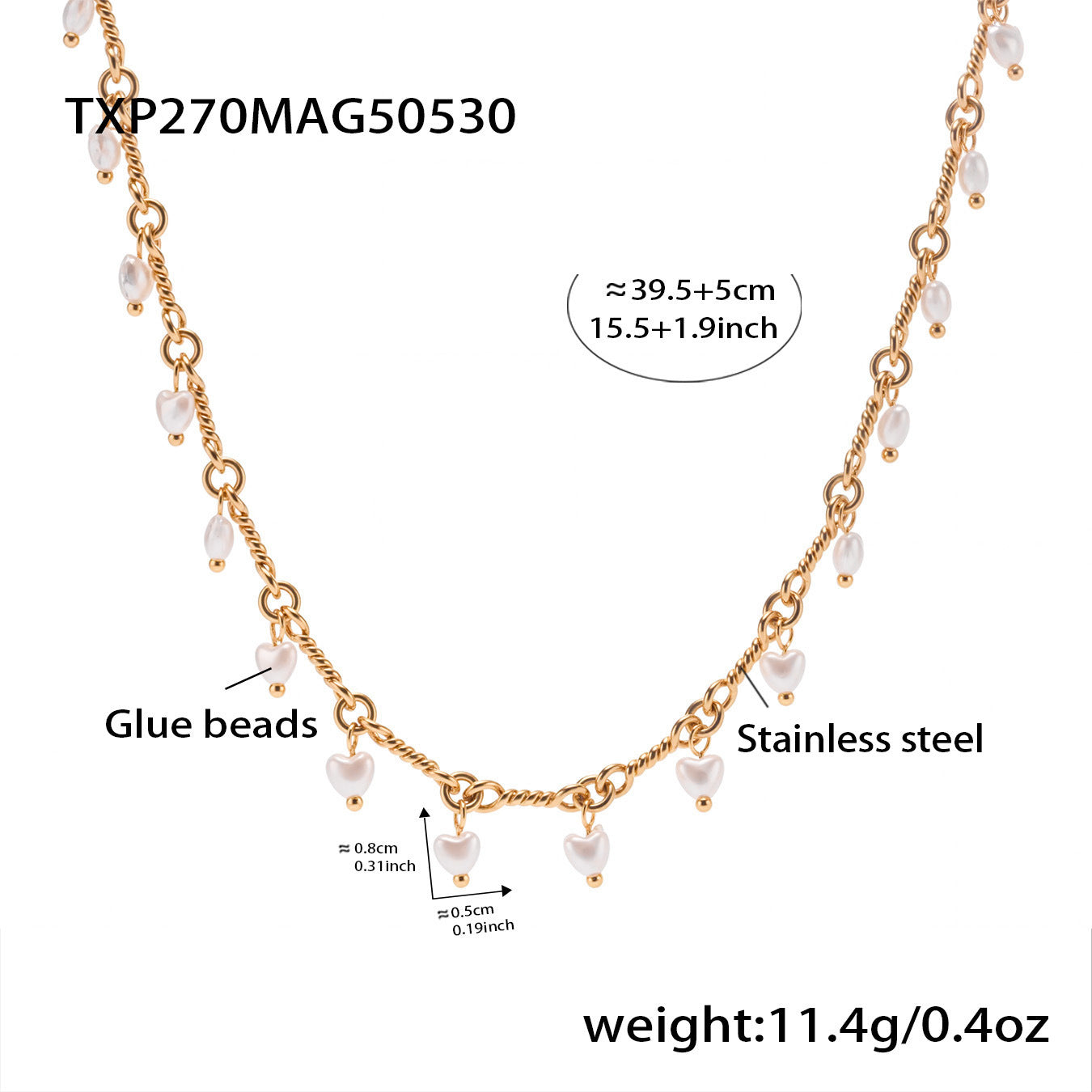 316L Stainless Steel 18K Gold PVD Elegant Shell Pearl Tassel Necklace & Bracelet Set - Shell Pearl, Tassel, Elegant, Heart, Round Wholesale Stainless Steel Jewelry - Sensitive Skin Friendly - Detail 3