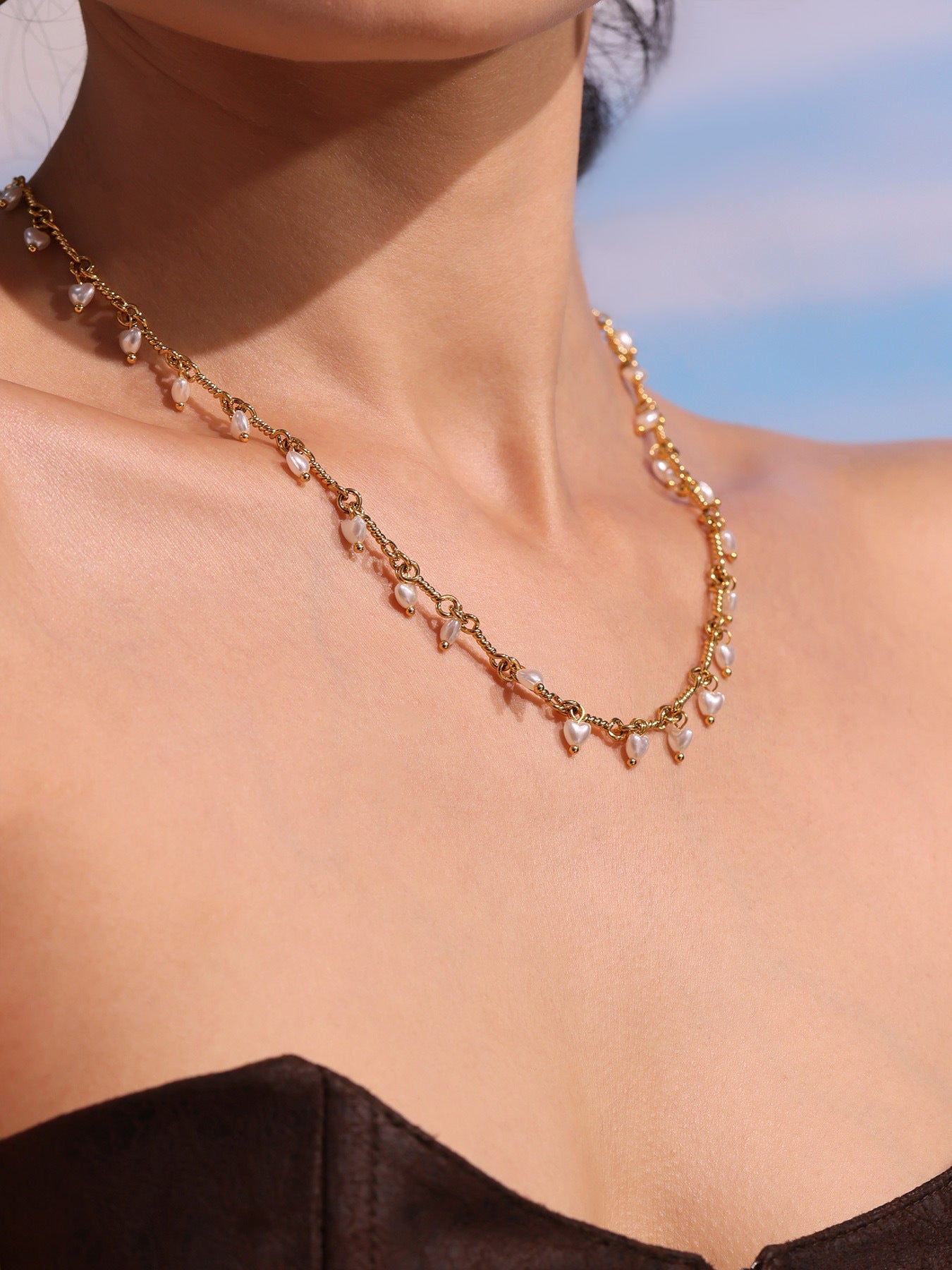316L Stainless Steel 18K Gold PVD Elegant Shell Pearl Tassel Necklace & Bracelet Set - Shell Pearl, Tassel, Elegant, Heart, Round Wholesale Stainless Steel Jewelry - Sensitive Skin Friendly - Detail 5