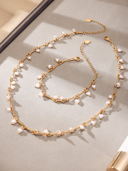 316L Stainless Steel 18K Gold PVD Elegant Shell Pearl Tassel Necklace & Bracelet Set - Shell Pearl, Tassel, Elegant, Heart, Round Wholesale Stainless Steel Jewelry - Sensitive Skin Friendly - Detail 6