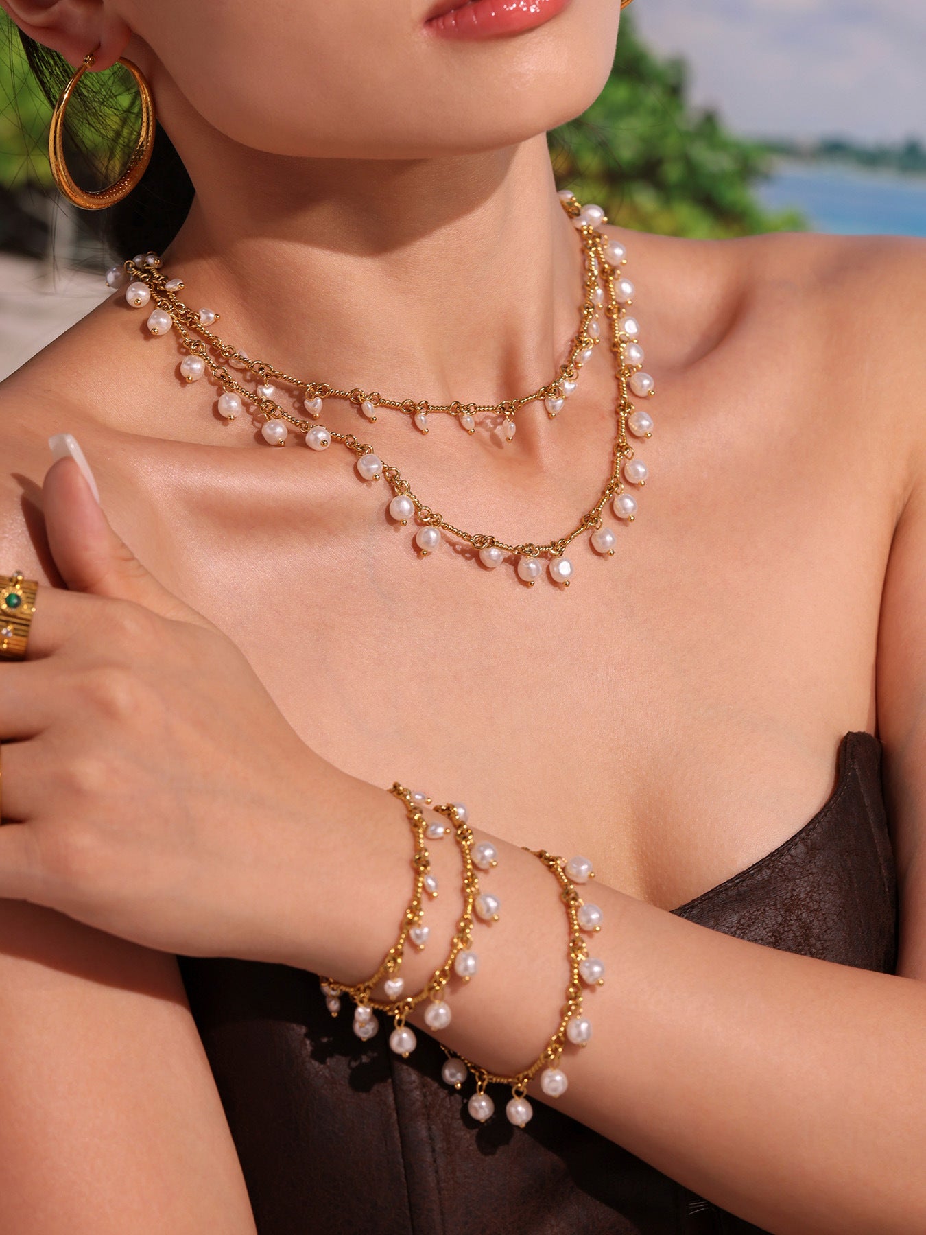316L Stainless Steel 18K Gold PVD Elegant Shell Pearl Tassel Necklace & Bracelet Set - Shell Pearl, Tassel, Elegant, Heart, Round Wholesale Stainless Steel Jewelry - Sensitive Skin Friendly - Detail 7