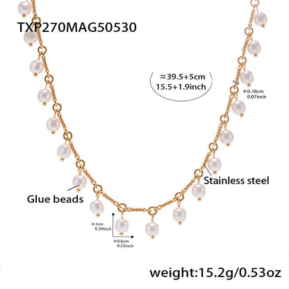 316L Stainless Steel 18K Gold PVD Elegant Shell Pearl Tassel Necklace & Bracelet Set - Shell Pearl, Tassel, Elegant, Heart, Round Wholesale Stainless Steel Jewelry - Sensitive Skin Friendly - Detail 8