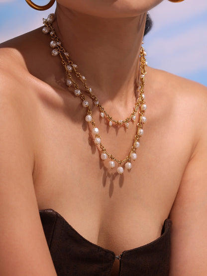 316L Stainless Steel 18K Gold PVD Elegant Shell Pearl Tassel Necklace & Bracelet Set - Shell Pearl, Tassel, Elegant, Heart, Round Wholesale Stainless Steel Jewelry - Sensitive Skin Friendly - Detail 9