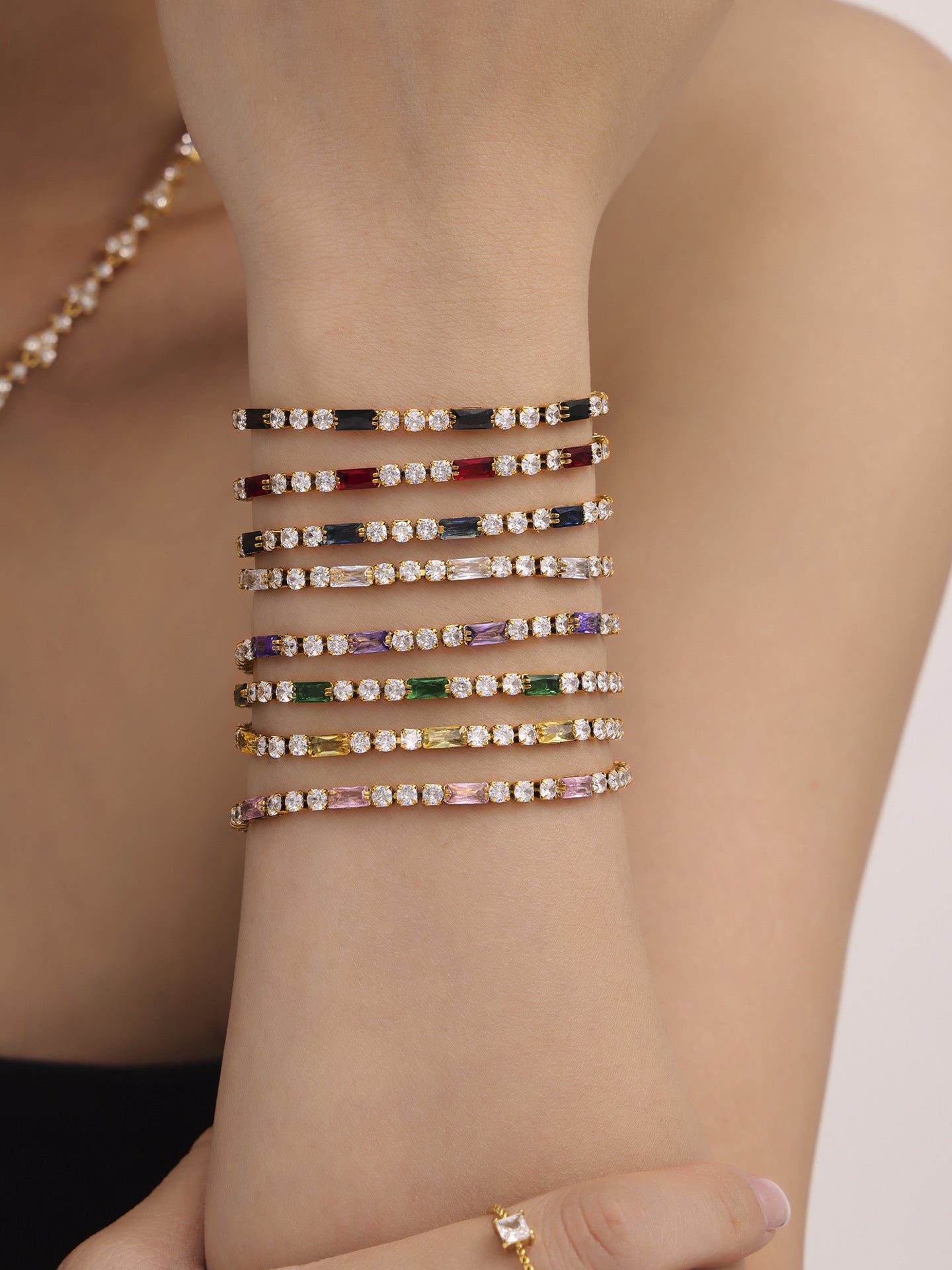 316L Stainless Steel 18K Gold PVD Elegant Square Zircon Bracelet - Square Zircon, Multi-Color, Elegant, Inlaid Wholesale Stainless Steel Jewelry - Sensitive Skin Friendly - Detail 13