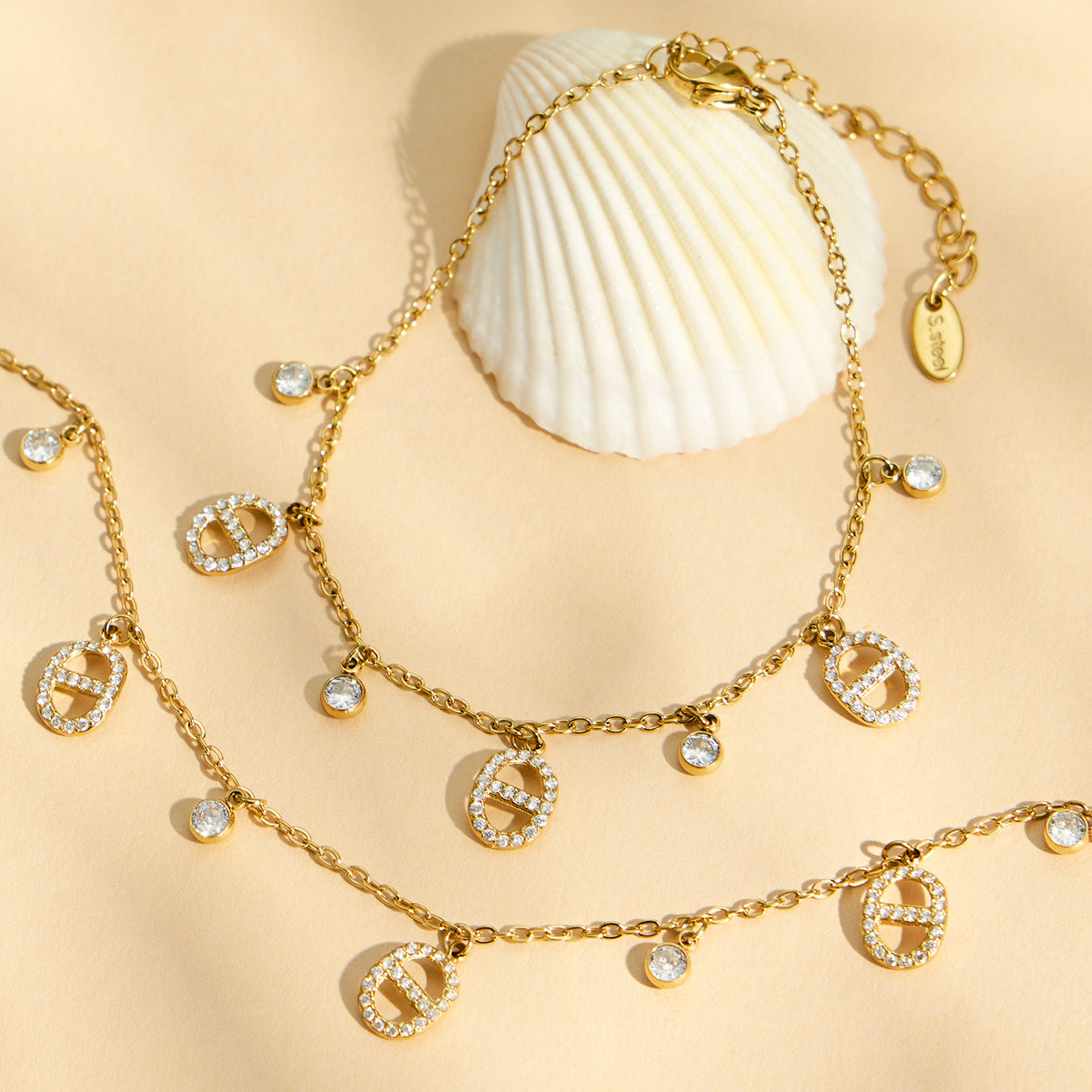 316L Stainless Steel 18K Gold PVD Embedded Zircon Necklace Set - Vintage Gold Band Embedded Zircon Wholesale Stainless Steel Jewelry - Sensitive Skin Friendly - Detail 3