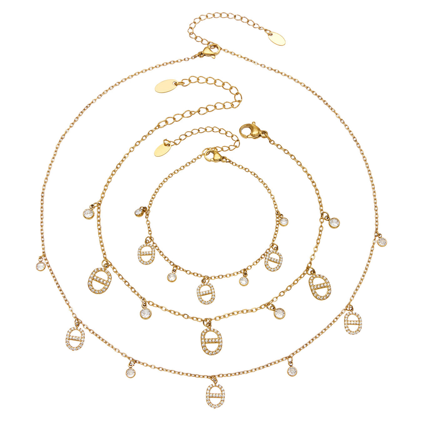 316L Stainless Steel 18K Gold PVD Embedded Zircon Necklace Set - Vintage Gold Band Embedded Zircon Wholesale Stainless Steel Jewelry - Sensitive Skin Friendly - Detail 4