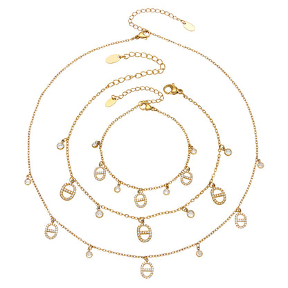 316L Stainless Steel 18K Gold PVD Embedded Zircon Necklace Set - Vintage Gold Band Embedded Zircon Wholesale Stainless Steel Jewelry - Sensitive Skin Friendly - Detail 4
