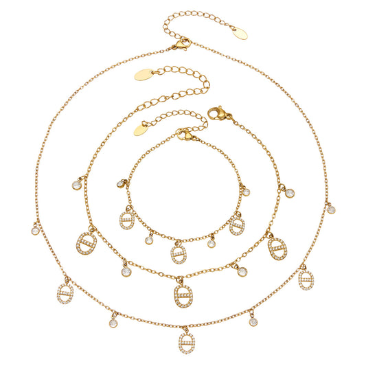 316L Stainless Steel 18K Gold PVD Embedded Zircon Necklace Set - Vintage Gold Band Embedded Zircon Wholesale Stainless Steel Jewelry - Sensitive Skin Friendly - Detail 4