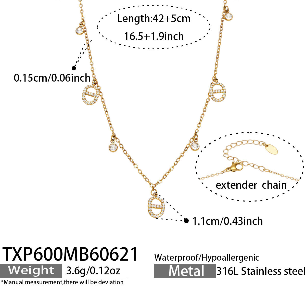 316L Stainless Steel 18K Gold PVD Embedded Zircon Necklace Set - Vintage Gold Band Embedded Zircon Wholesale Stainless Steel Jewelry - Sensitive Skin Friendly - Detail 5