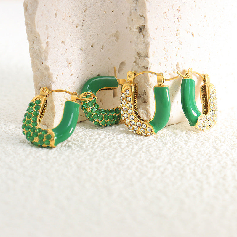 316L Stainless Steel 18K Gold PVD Emerald Drop Earrings - Emerald Drop Earrings Vintage Zircon Wholesale Stainless Steel Jewelry - Sensitive Skin Friendly - Detail 1