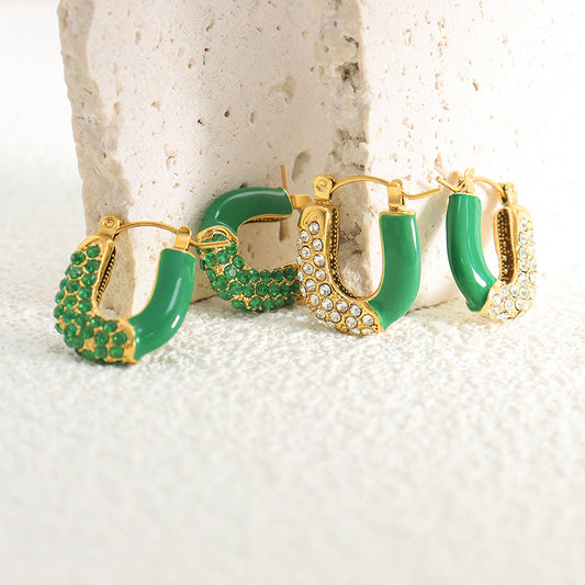 316L Stainless Steel 18K Gold PVD Emerald Drop Earrings - Emerald Drop Earrings Vintage Zircon Wholesale Stainless Steel Jewelry - Sensitive Skin Friendly - Detail 1
