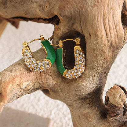 316L Stainless Steel 18K Gold PVD Emerald Drop Earrings - Emerald Drop Earrings Vintage Zircon Wholesale Stainless Steel Jewelry - Sensitive Skin Friendly - Detail 6