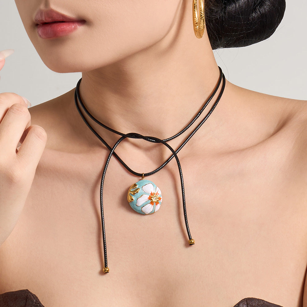 316L Stainless Steel 18K Gold PVD Enamel Flower Adjustable Long Necklace - Enamel Flower, Long Adjustable, Gold, Floral, Modern Wholesale Stainless Steel Jewelry - Sensitive Skin Friendly - Detail 13