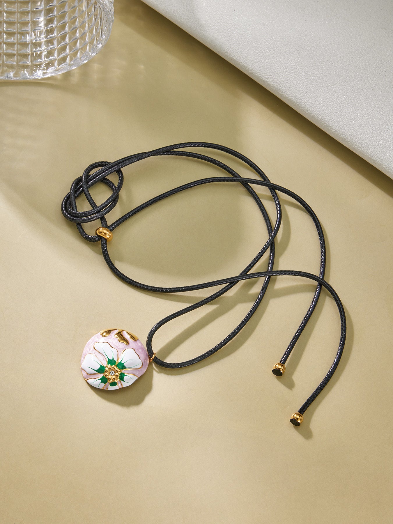 316L Stainless Steel 18K Gold PVD Enamel Flower Adjustable Long Necklace - Enamel Flower, Long Adjustable, Gold, Floral, Modern Wholesale Stainless Steel Jewelry - Sensitive Skin Friendly - Detail 15