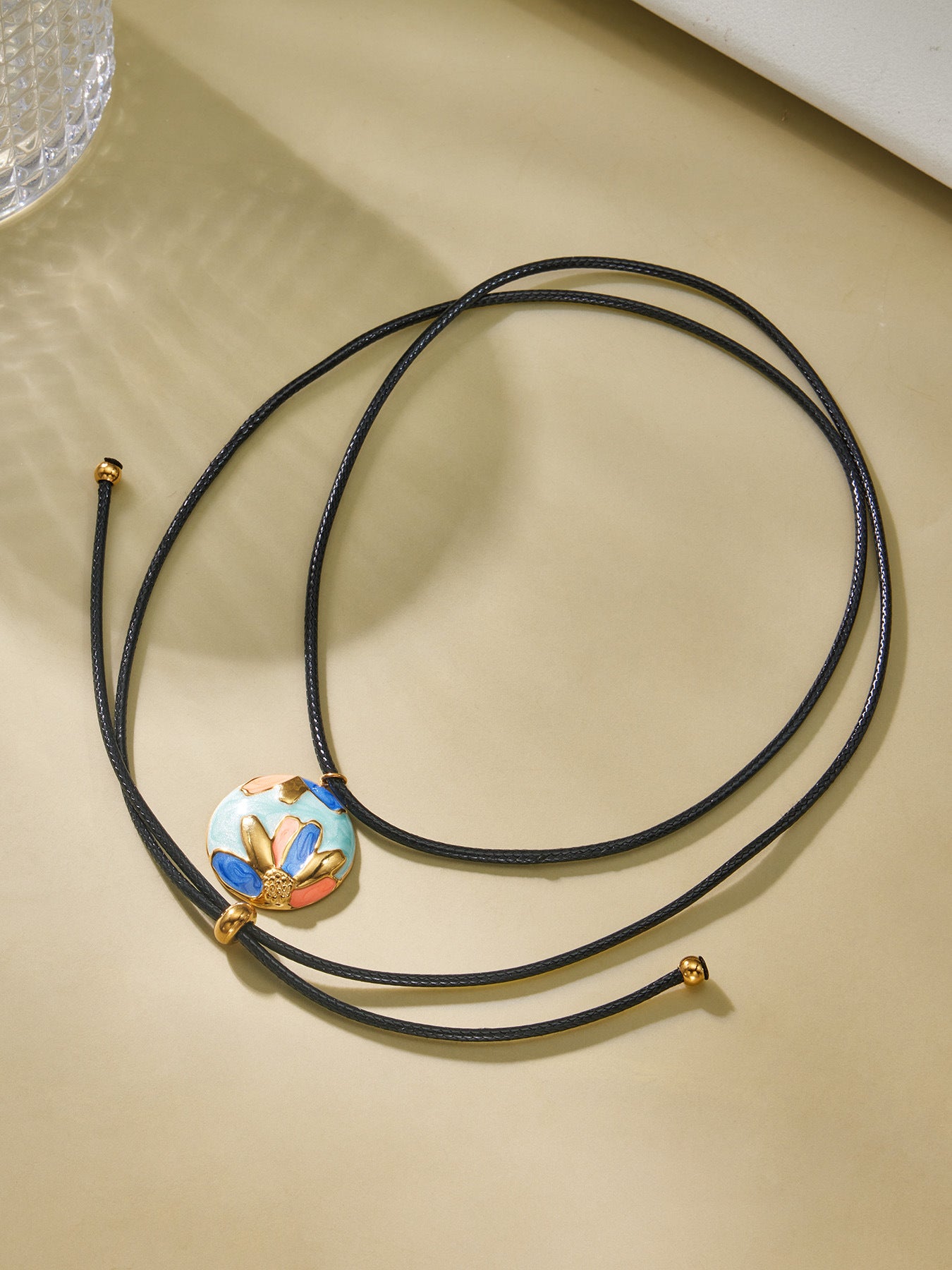 316L Stainless Steel 18K Gold PVD Enamel Flower Adjustable Long Necklace - Enamel Flower, Long Adjustable, Gold, Floral, Modern Wholesale Stainless Steel Jewelry - Sensitive Skin Friendly - Detail 6