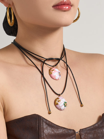 316L Stainless Steel 18K Gold PVD Enamel Flower Adjustable Long Necklace - Enamel Flower, Long Adjustable, Gold, Floral, Modern Wholesale Stainless Steel Jewelry - Sensitive Skin Friendly - Detail 8