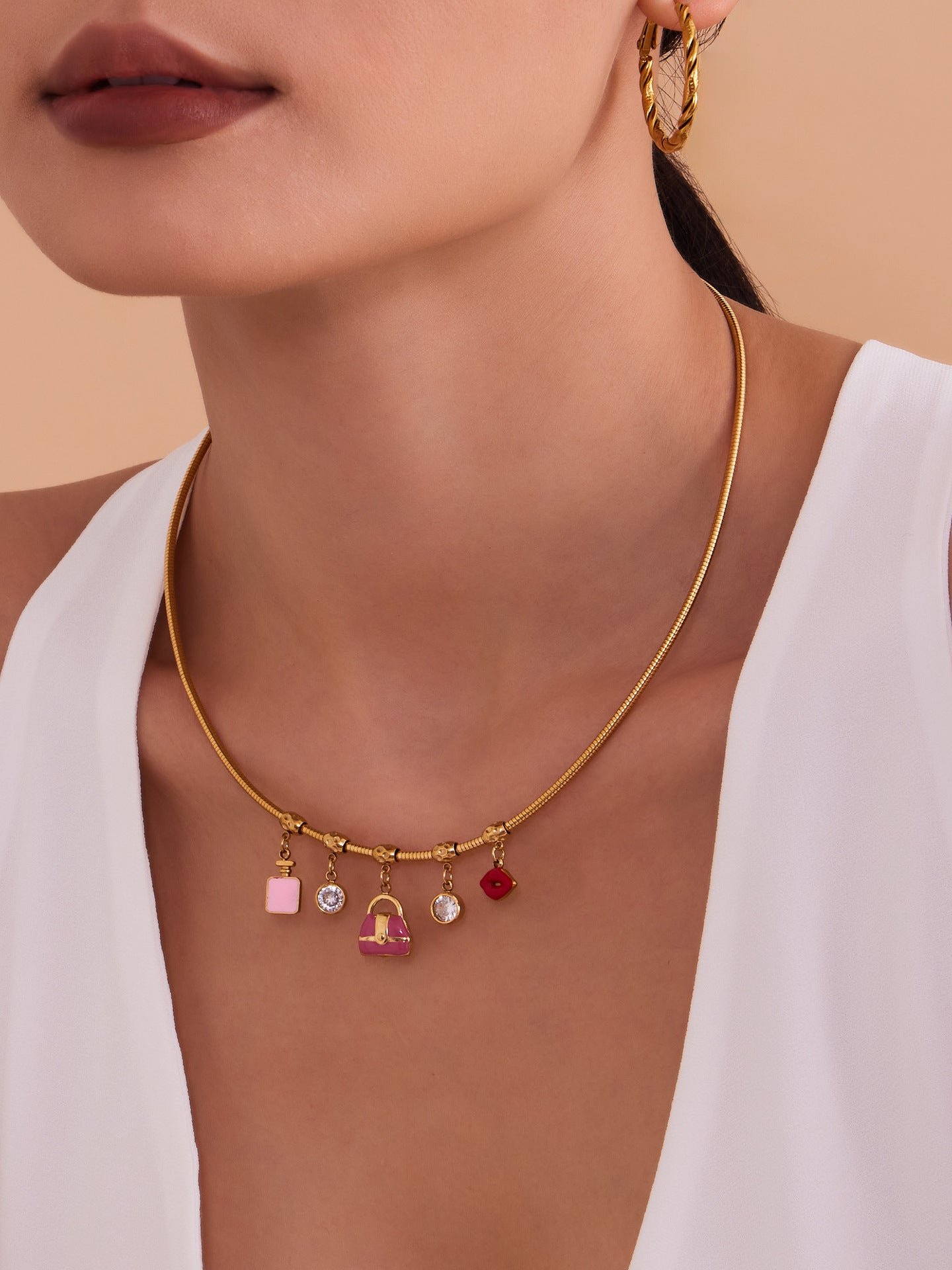 316L Stainless Steel 18K Gold PVD Enamel Fruit Zircon Multi Pendant Elastic Necklace - Colorful Enamel Fruit Multi Pendant Zircon Modern Elastic Necklace Wholesale Stainless Steel Jewelry - Sensitive Skin Friendly - Detail 2