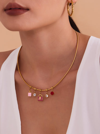 316L Stainless Steel 18K Gold PVD Enamel Fruit Zircon Multi Pendant Elastic Necklace - Colorful Enamel Fruit Multi Pendant Zircon Modern Elastic Necklace Wholesale Stainless Steel Jewelry - Sensitive Skin Friendly - Detail 2