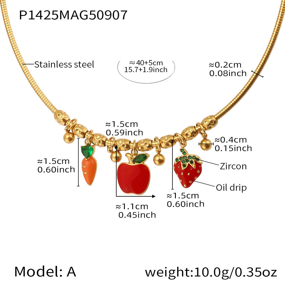 316L Stainless Steel 18K Gold PVD Enamel Fruit Zircon Multi Pendant Elastic Necklace - Colorful Enamel Fruit Multi Pendant Zircon Modern Elastic Necklace Wholesale Stainless Steel Jewelry - Sensitive Skin Friendly - Detail 4