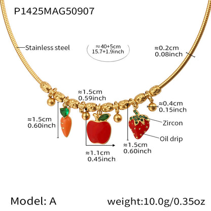 316L Stainless Steel 18K Gold PVD Enamel Fruit Zircon Multi Pendant Elastic Necklace - Colorful Enamel Fruit Multi Pendant Zircon Modern Elastic Necklace Wholesale Stainless Steel Jewelry - Sensitive Skin Friendly - Detail 4