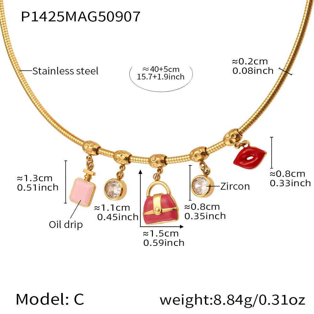 316L Stainless Steel 18K Gold PVD Enamel Fruit Zircon Multi Pendant Elastic Necklace - Colorful Enamel Fruit Multi Pendant Zircon Modern Elastic Necklace Wholesale Stainless Steel Jewelry - Sensitive Skin Friendly - Detail 5